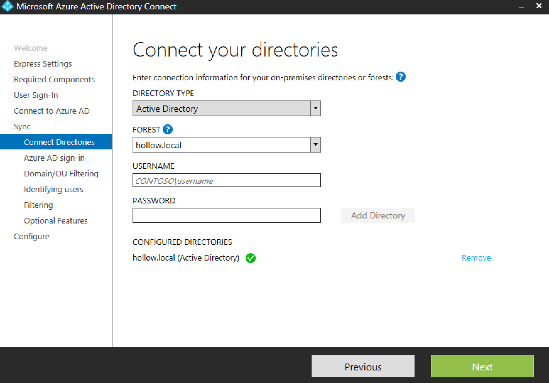 Azure ad connect Step by Step. Add Directory. Express settings Windows.